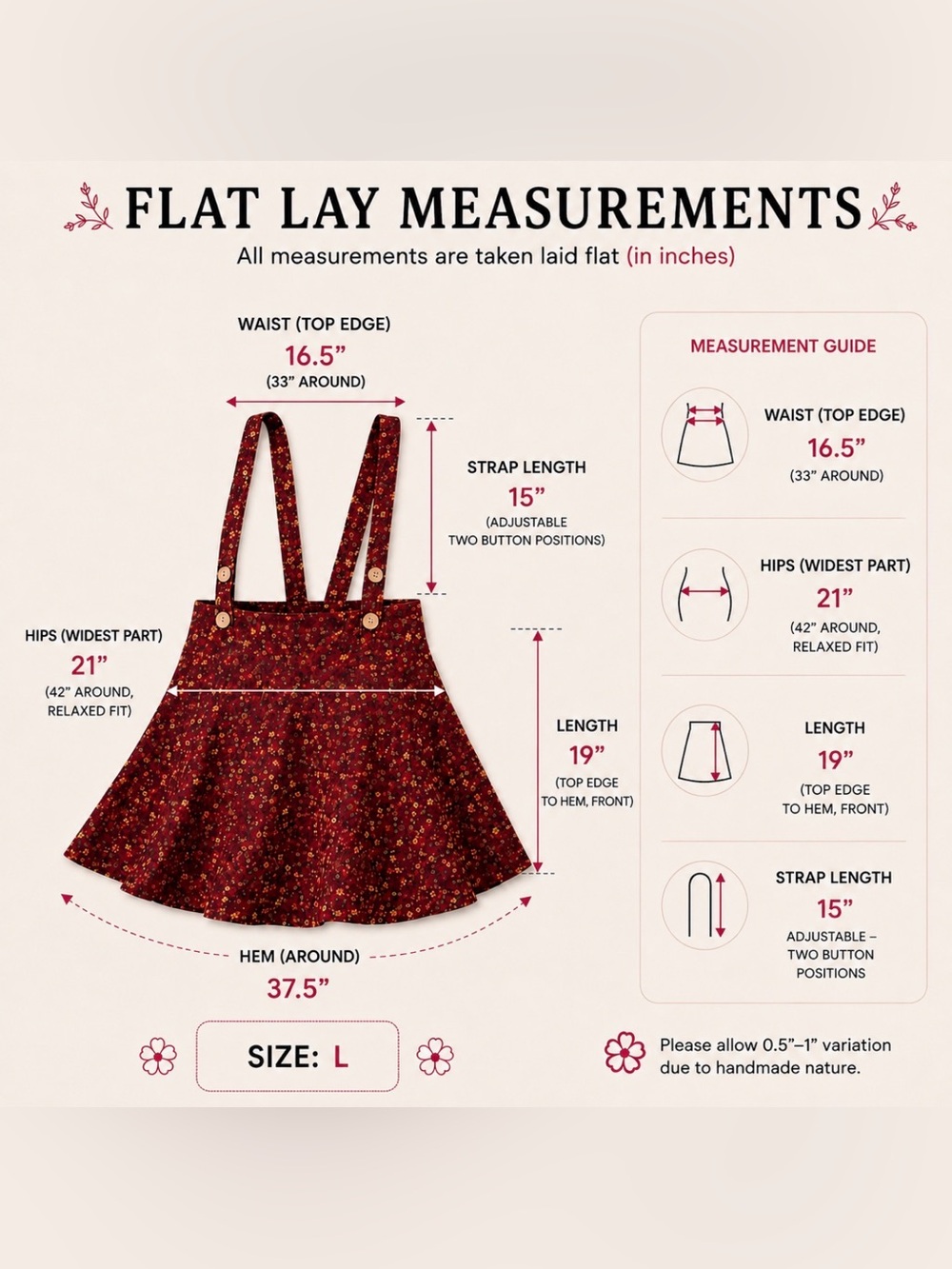 Floral Organic Cotton Pinafore Burgundy Dress, Adjustable Suspender Mini Dress L - Picture 5 of 12